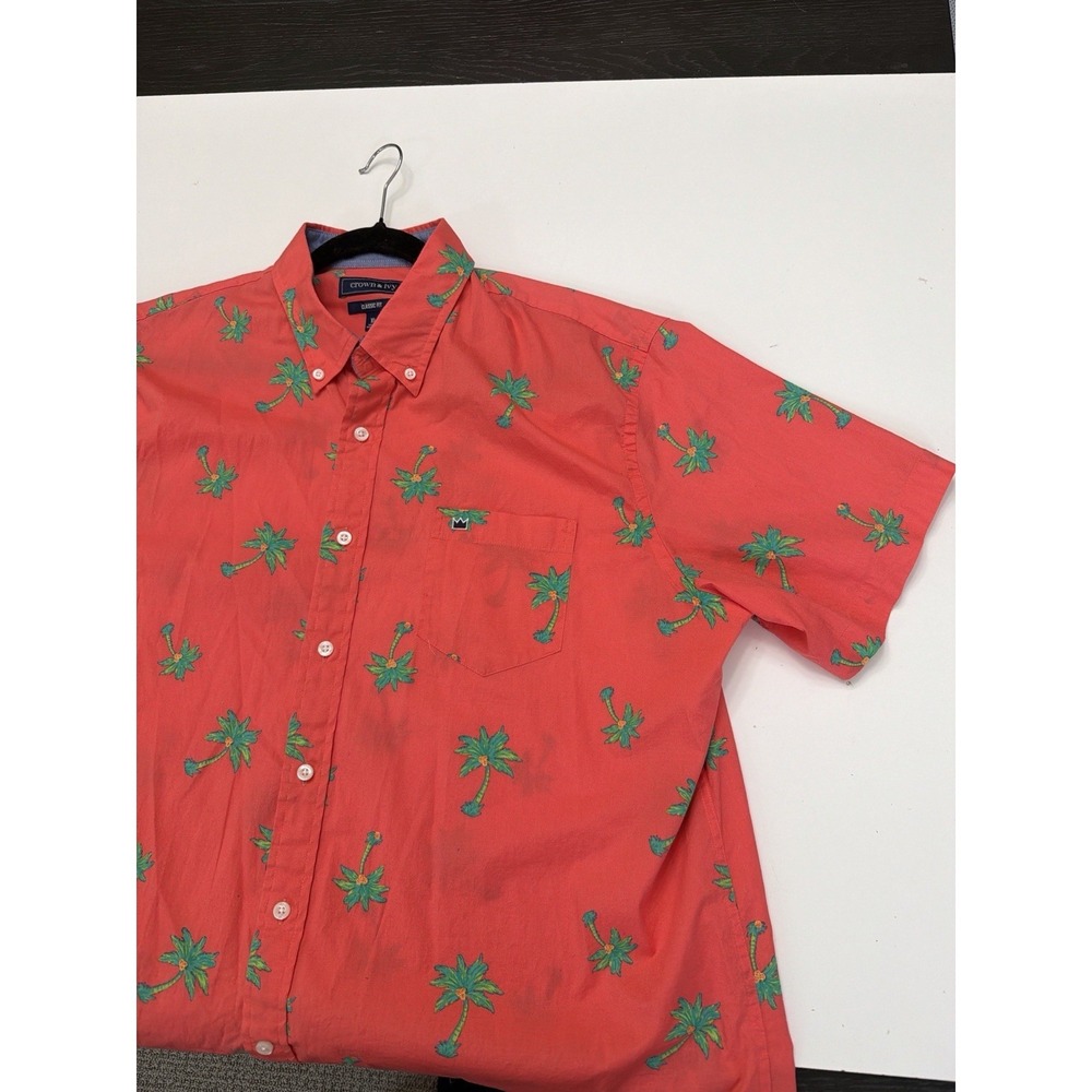 Crown & Ivy Palm Tree Shirt‎ Mens XL Red Tropical Button Front Cotton.    5192
